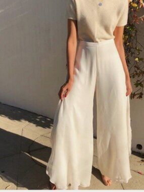 St. John Silk Palazzo Pants White Wide Leg Lined Elastic Waist Size S Elegant